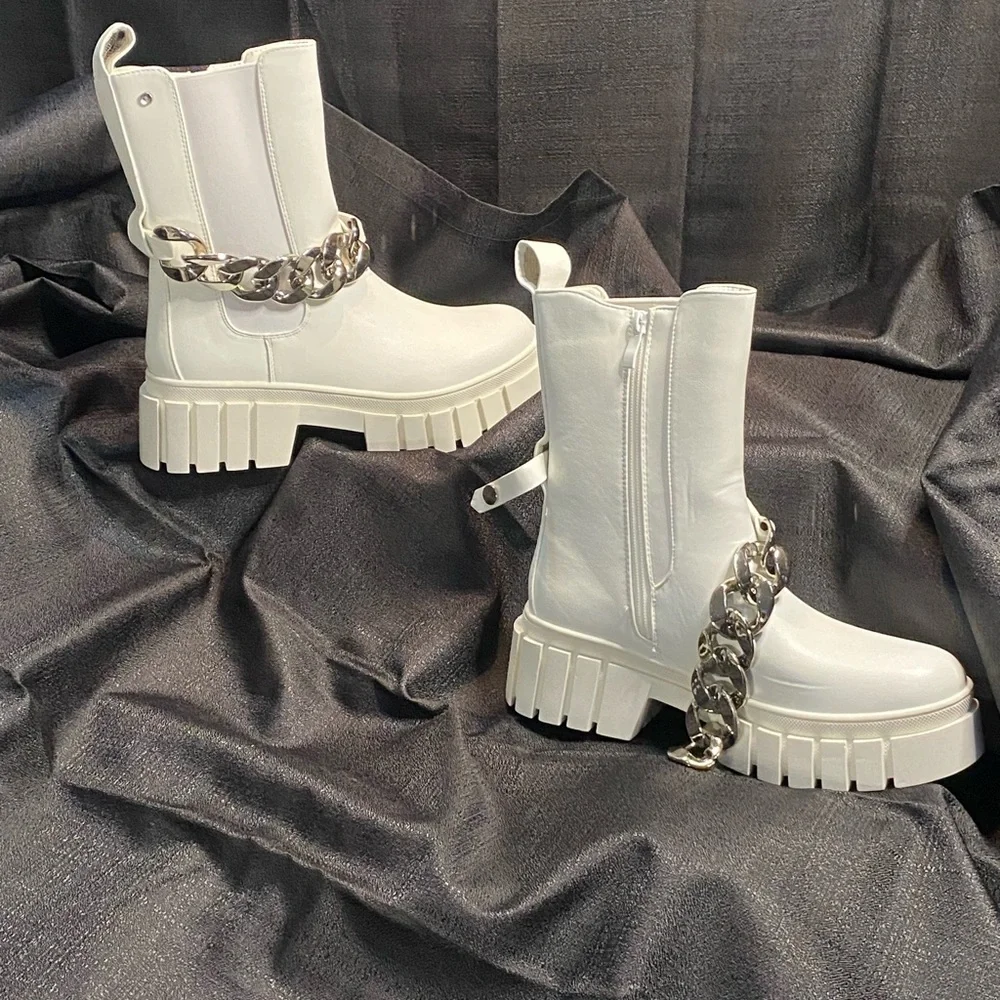 White Chunky Chain Ankle Boots - Picture 7 of 7